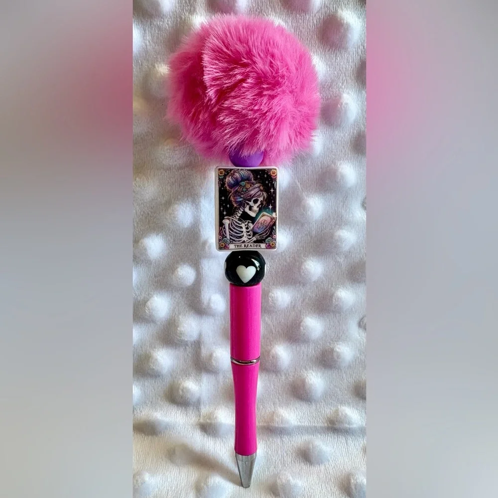 The Reader Pink Fluffy Skeleton Beaded Pen